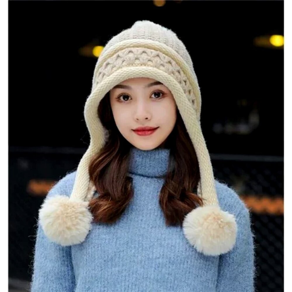 Beige Pompom Cable Knit Peruvian • Beanie - Picture 4 of 5